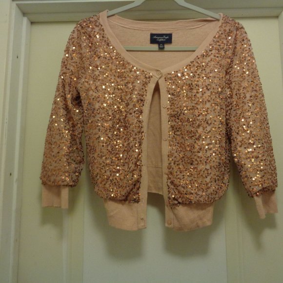 GLAMOUR CROP COPPER BEIGE BLING SEQUINS SWEATER M BY AMERICAN EAGLE OUTF… - Picture 4 of 5